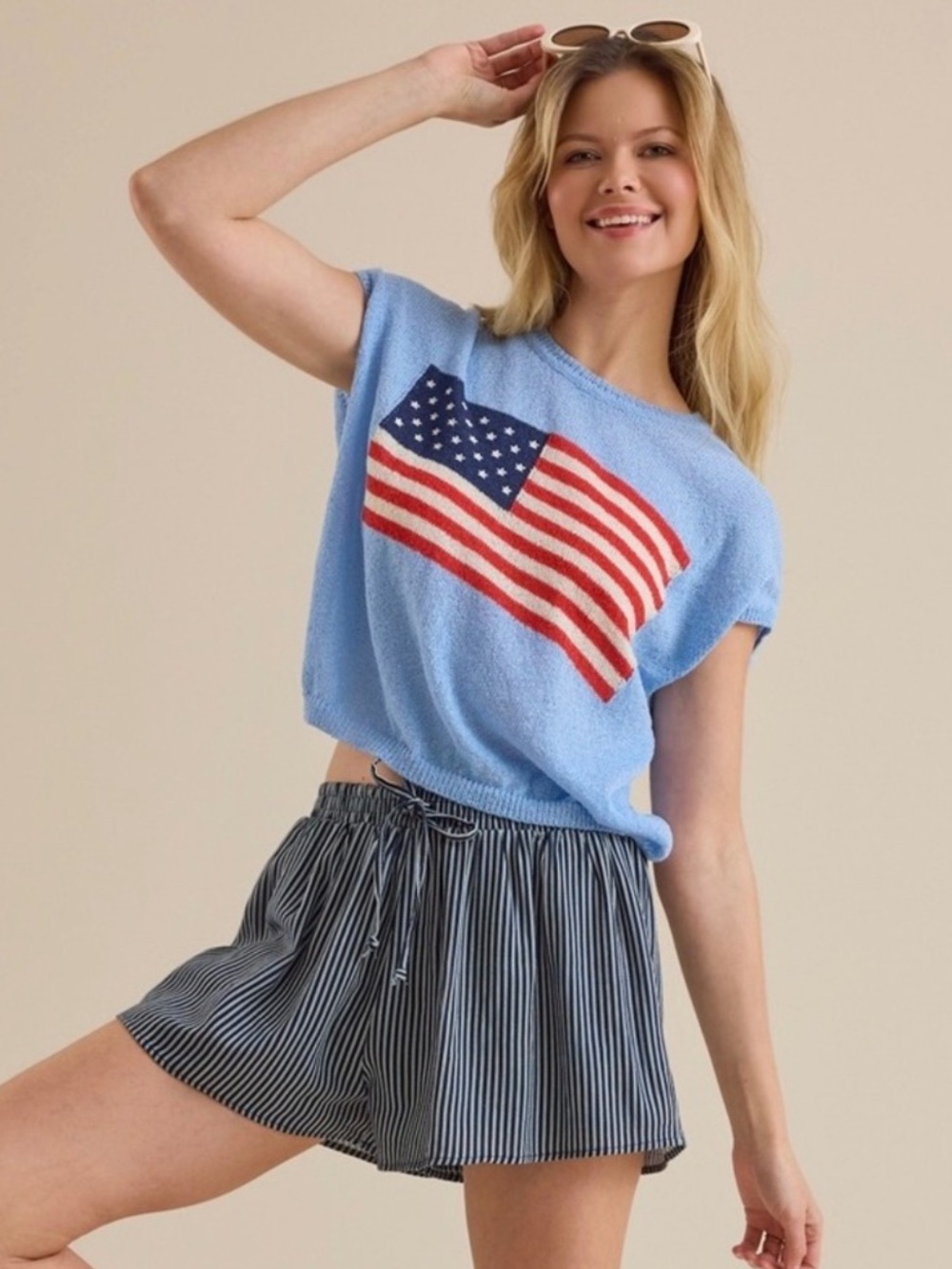 EUC Altar’d State Size XXL Light Blue Flag Knit Crop Top - Women